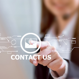 Woman pointing to the words "contact us"